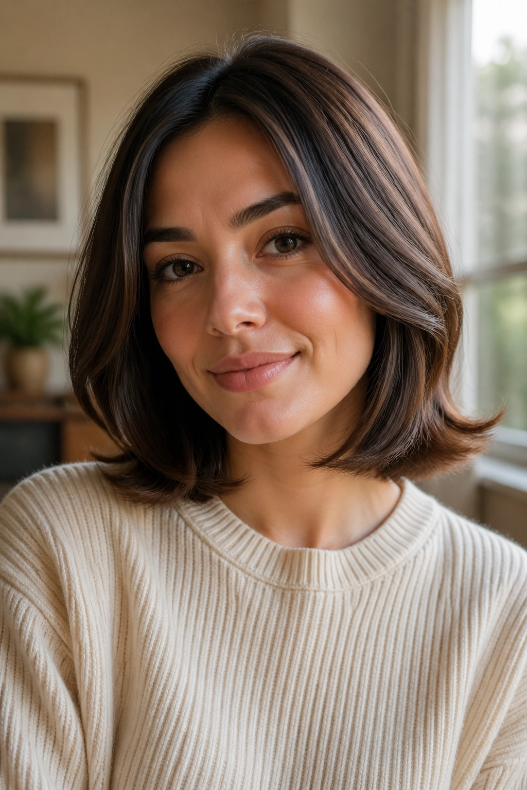 Close-up of a real woman with shoulder-length hair flipped-out at the ends in warm window light.