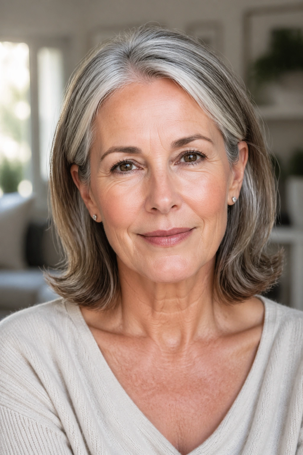 Close-up portrait of a real woman with an elegant shoulder-length cut and tucked sides in warm window light