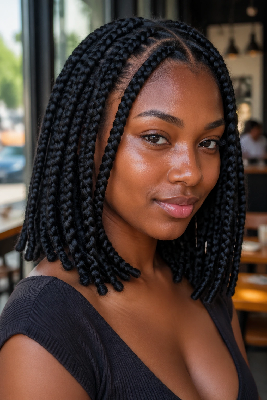 Real woman with shoulder-length jumbo feed-in braids at a cafe in daylight