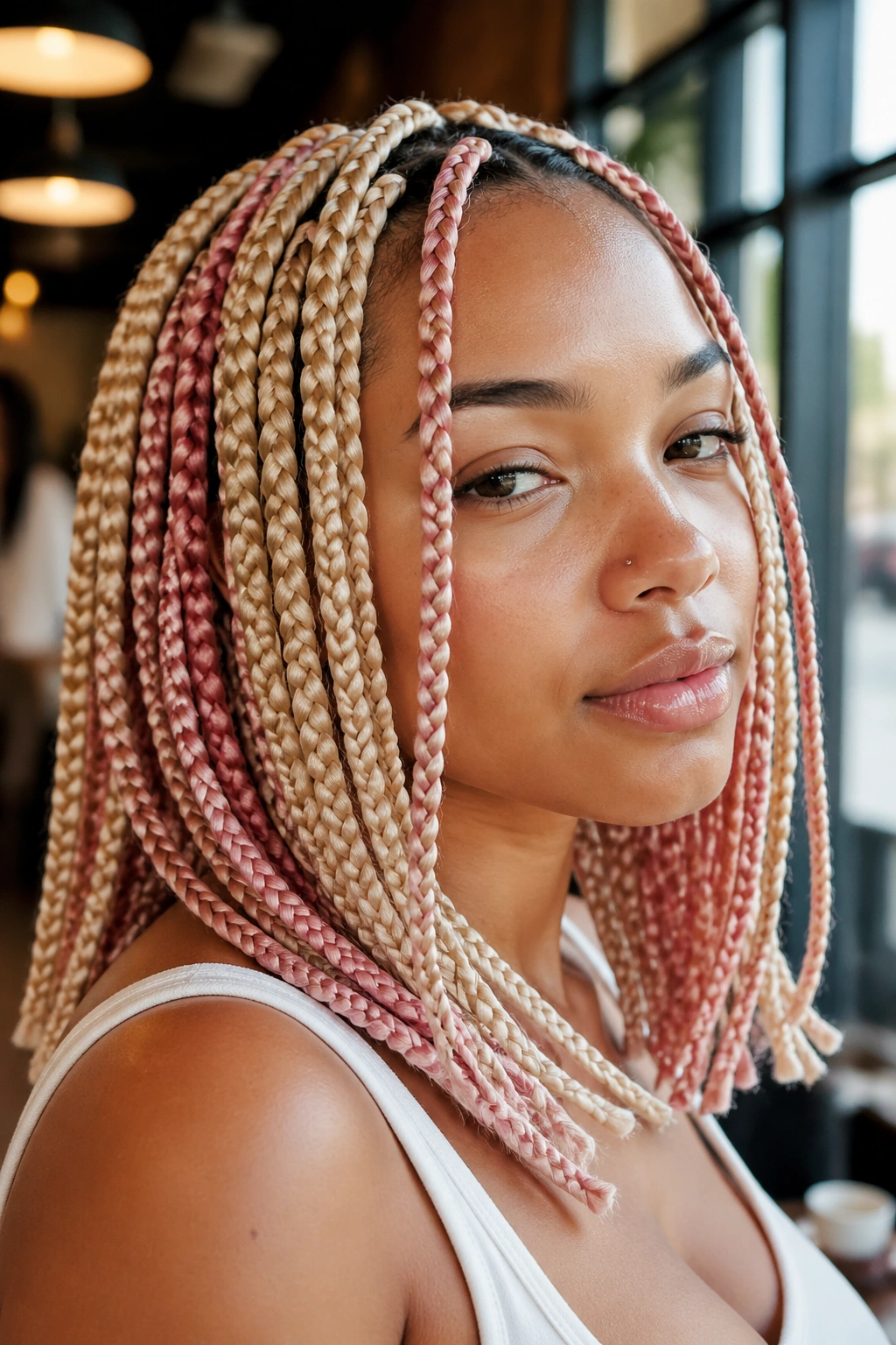 Close-up of shoulder-length blonde and pink knotless braids on a real person