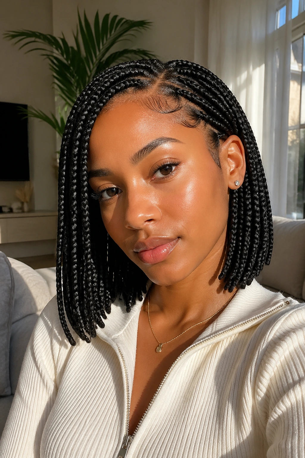 Close-up of shoulder-length knotless braids styled in a clean bob on a real woman.