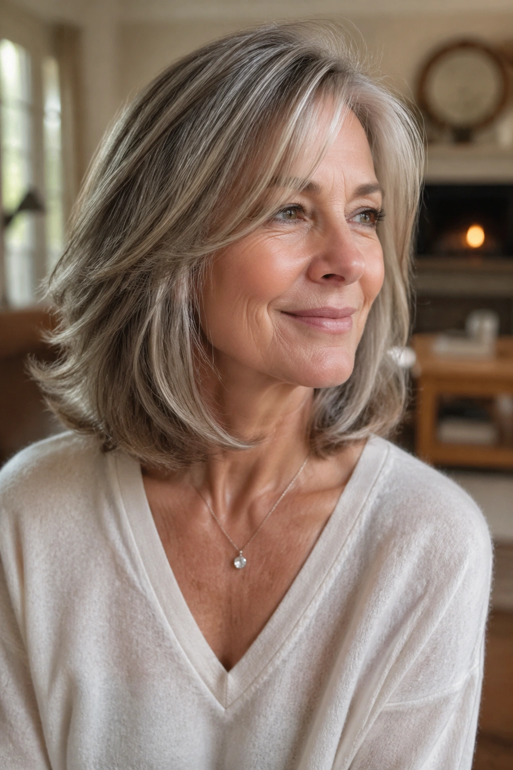 Real woman with shoulder-length layered cut showing movement