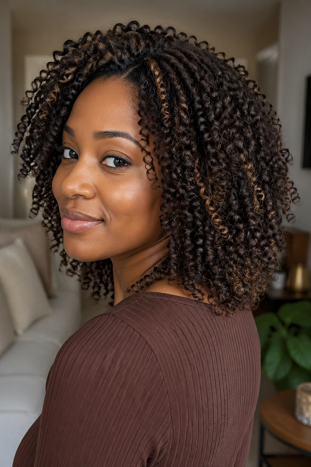 Close-up portrait of a real woman with shoulder-length layered crochet curls