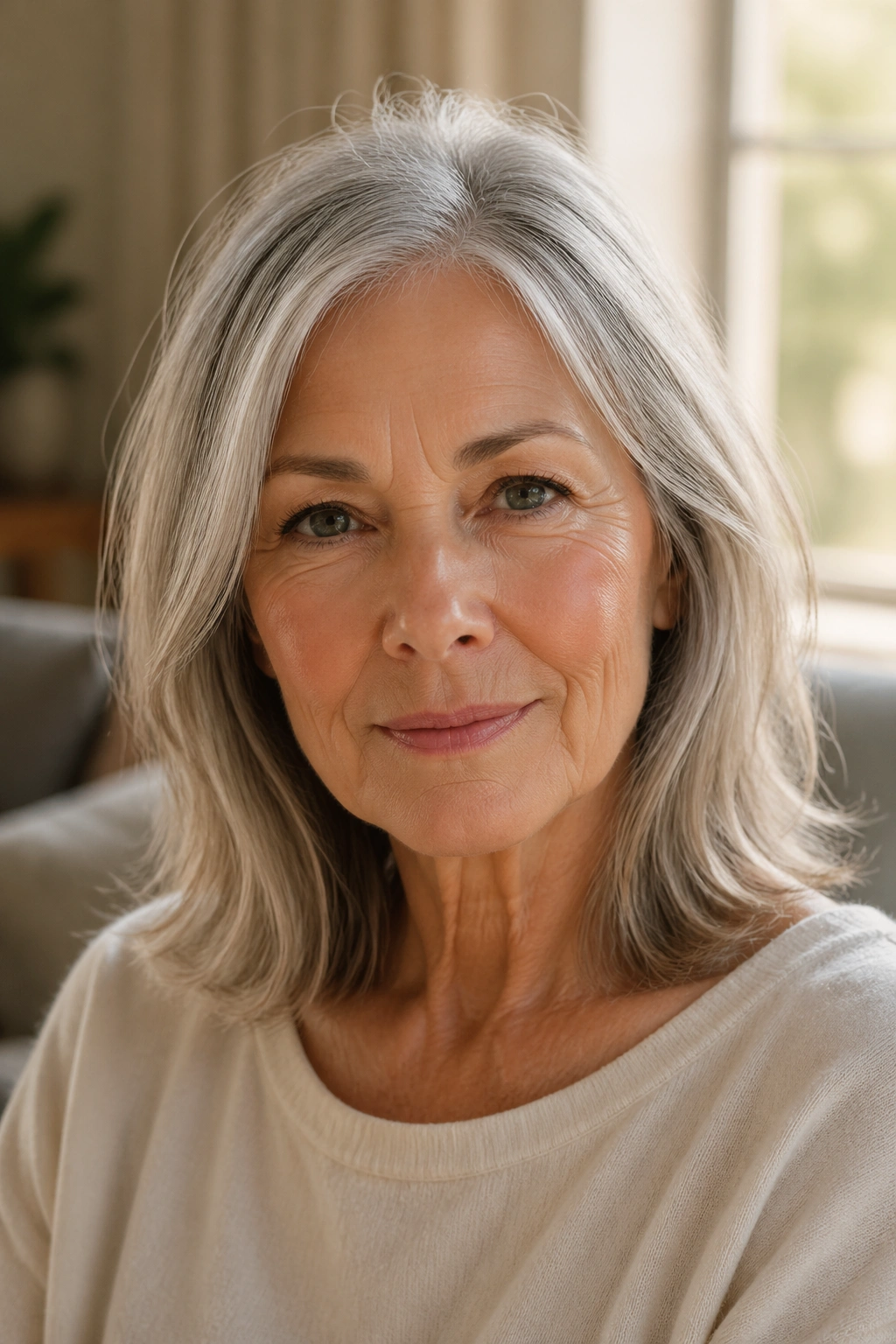 Close-up portrait of an older woman with a shoulder-length lob that air-dries naturally in a sunlit living room.