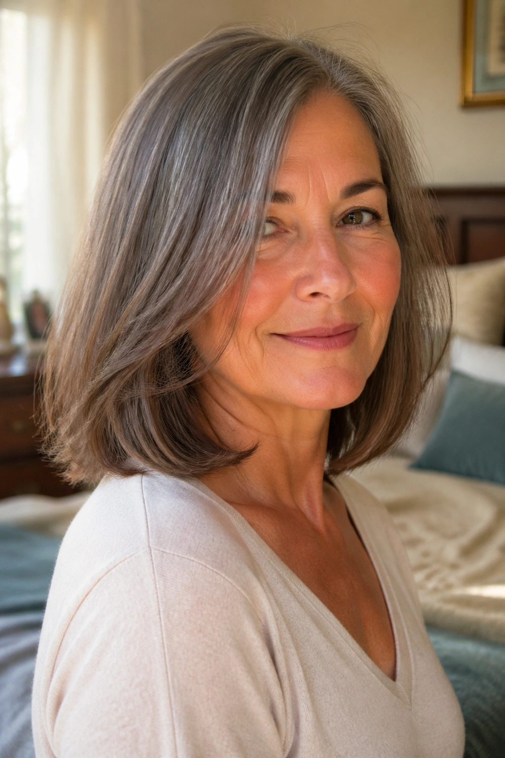 Close-up of a real woman with a shoulder-length lob and invisible layers in natural window light.