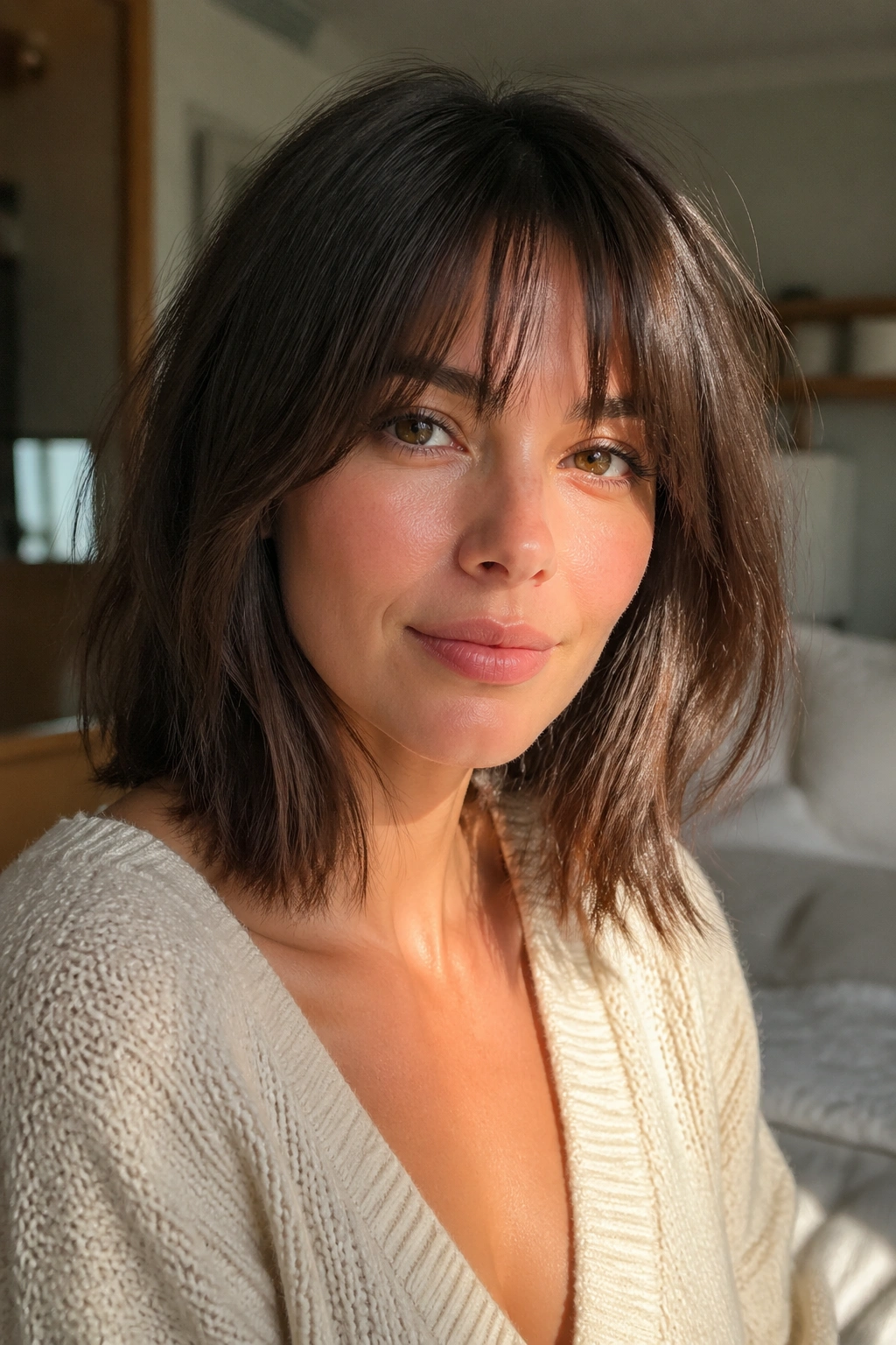Close-up portrait of a real woman with a shoulder-length lob and wispy bangs in a sunlit bedroom