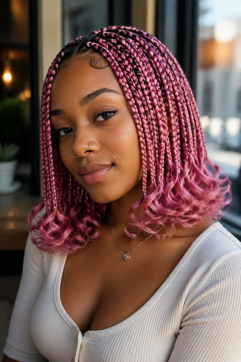 Real-person portrait of shoulder-length pink knotless braids with flipped curly ends