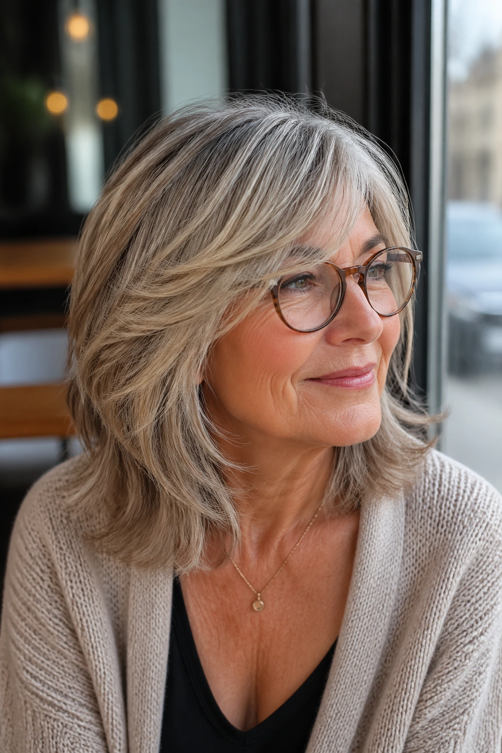 Portrait of a real woman with shoulder-length shag and side-swept bangs at a cafe window