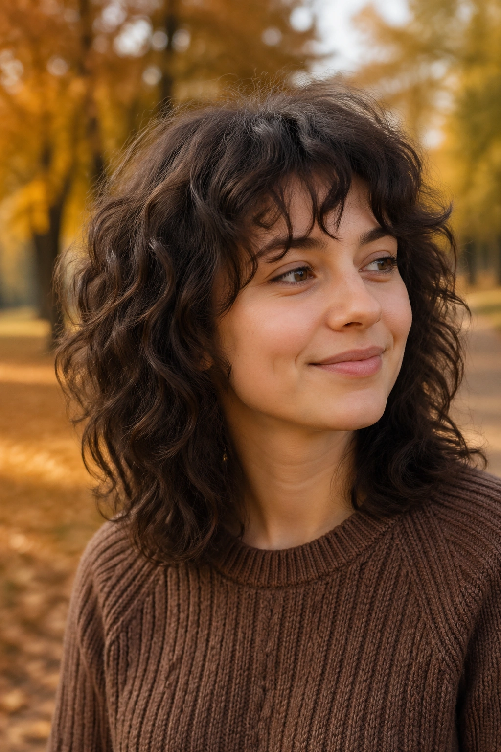 Real woman with shoulder-length shag perm in a natural outdoor setting