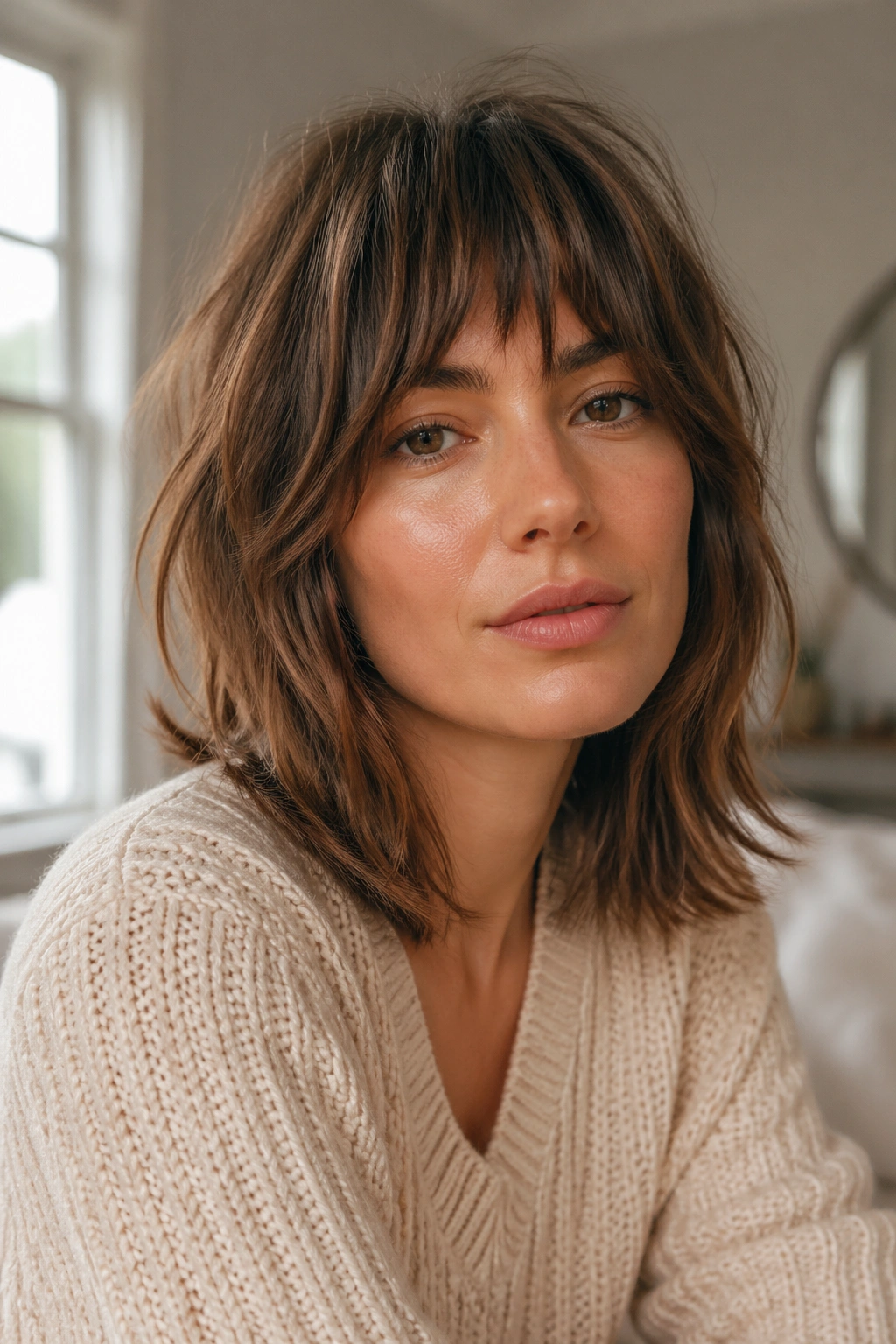 Close-up portrait of a real woman with shoulder-length shag and layered ends
