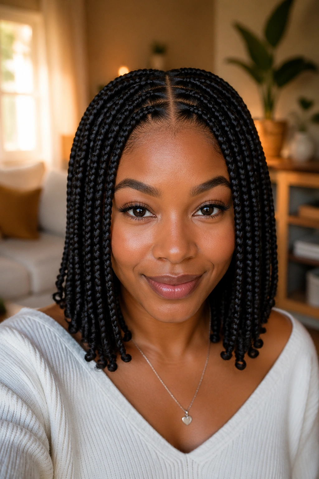Real person with shoulder-length stitch braids and crisp center part