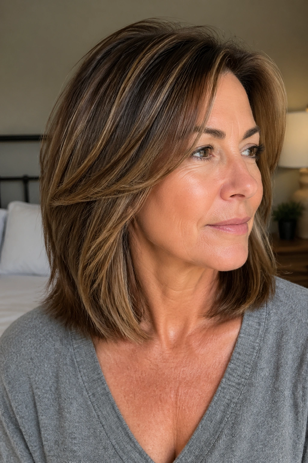 Close-up portrait of a real woman with shoulder-length textured hair and razor-free ends