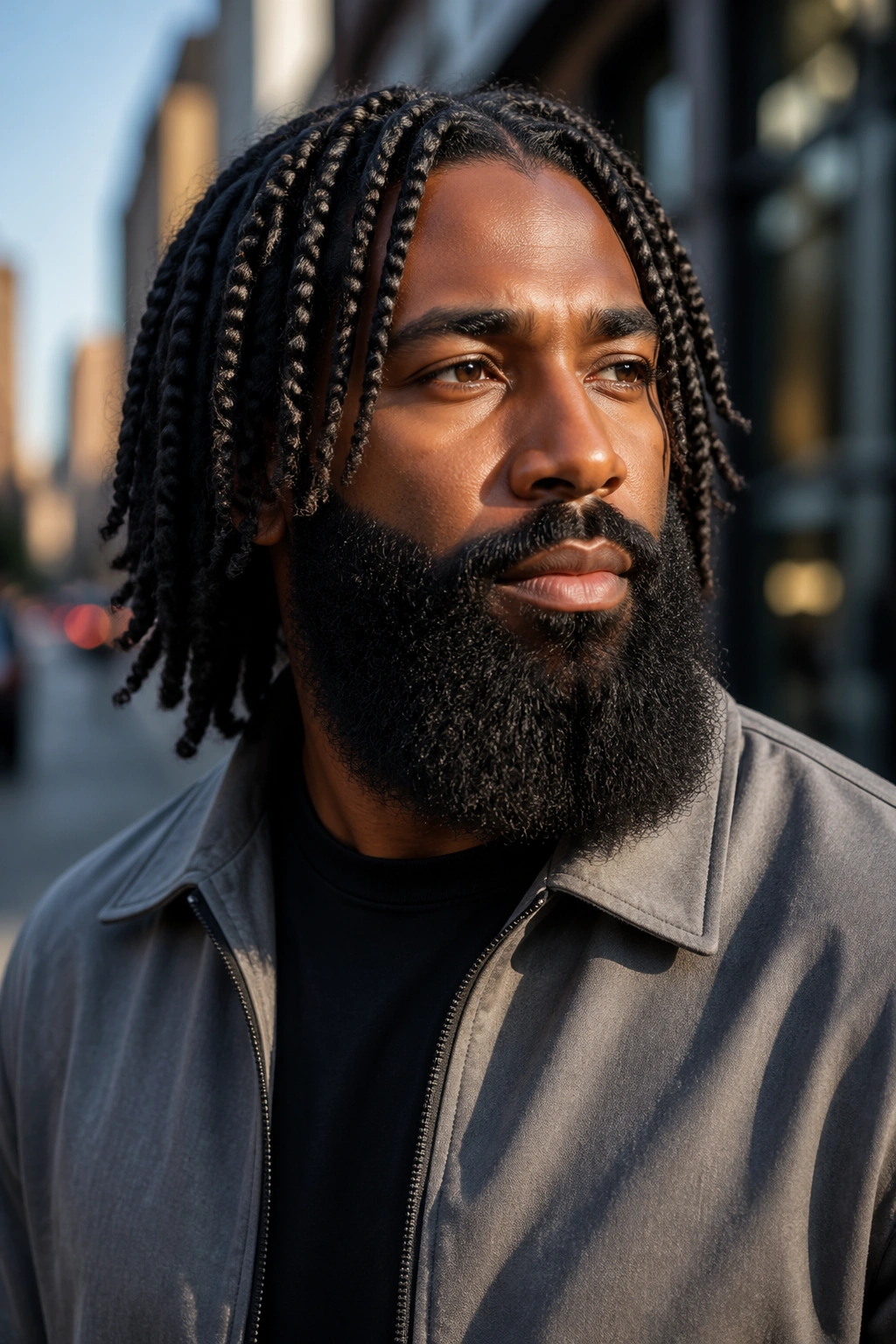 Medium close-up of a man with shoulder-length twist braids and a wide beard outdoors