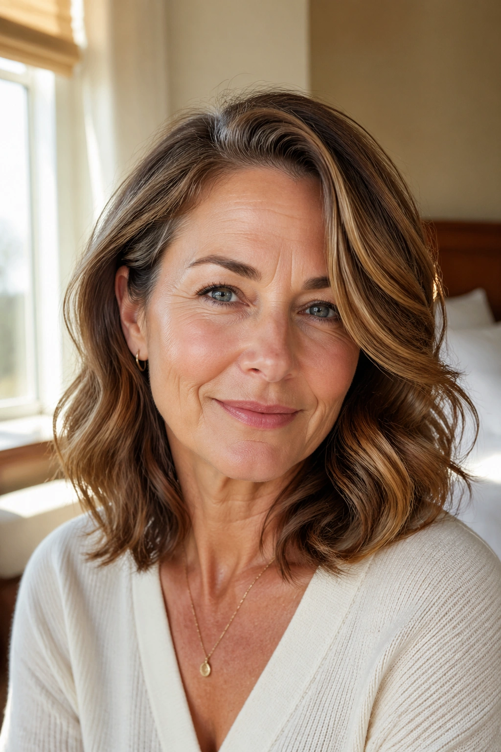 Close-up of a real woman's shoulder-length waves with a deep side part, warm window light