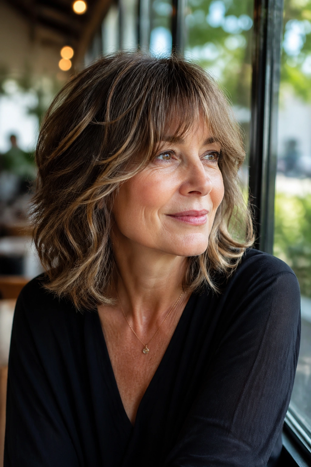 Close-up of a real woman with shoulder-length shag and broken layers in natural light.