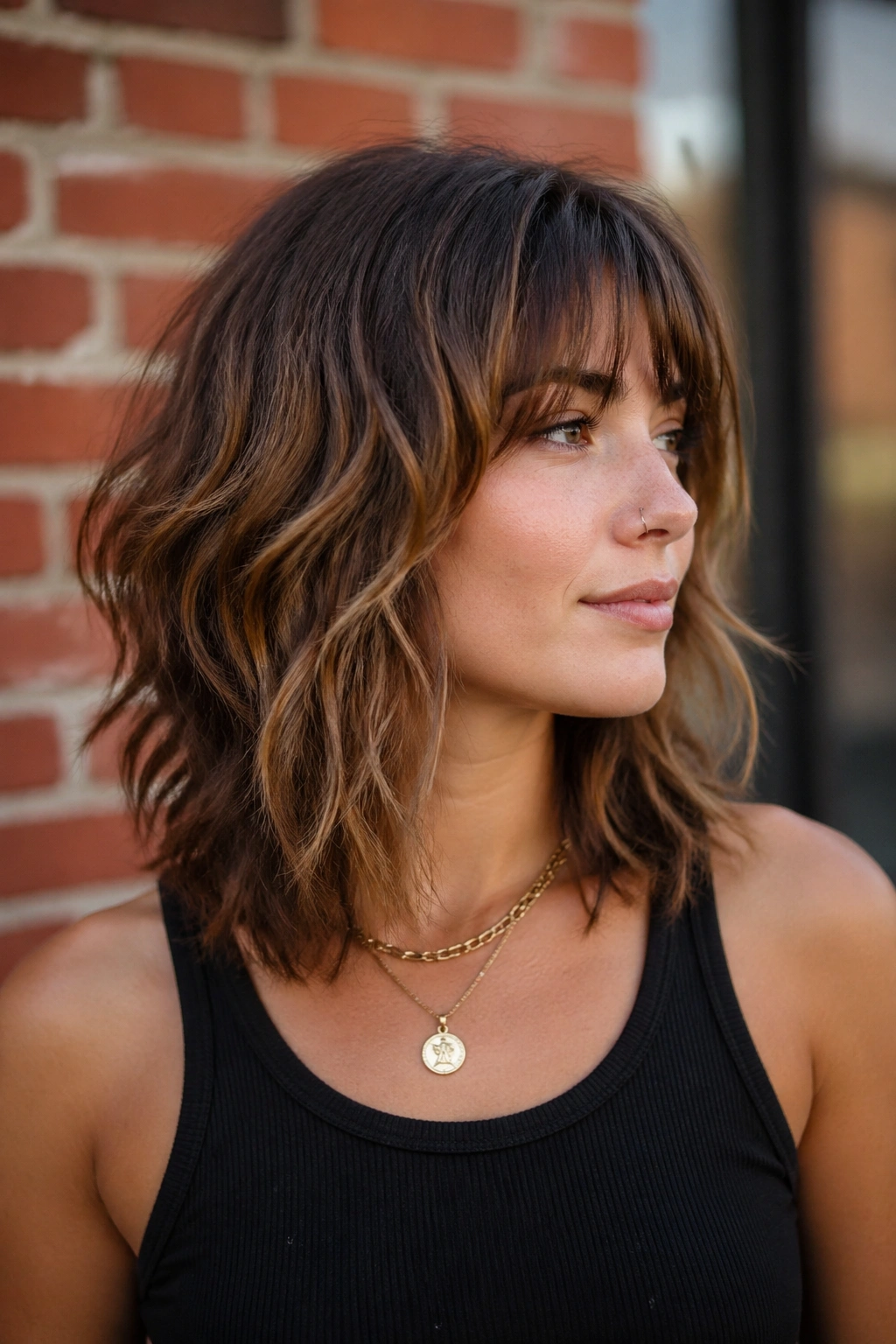 Close-up portrait of a real person with shoulder-skimming shag against a brick wall
