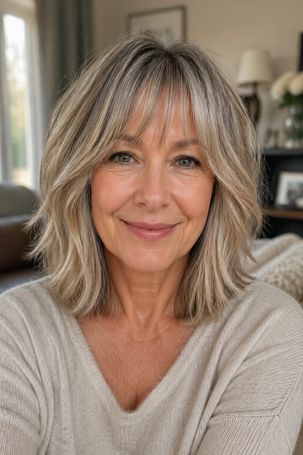Real woman with shoulder-skimming shaggy lob and wispy fringe in natural light