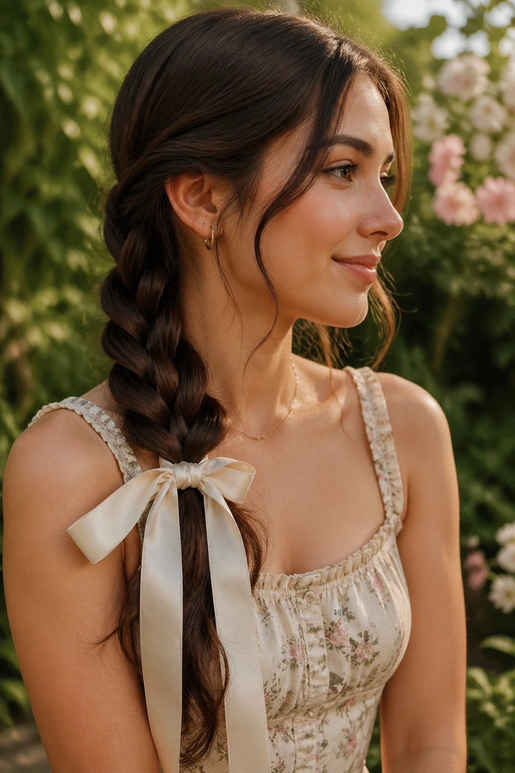 Profile view of a real woman with a side braid and long ribbon bow outdoors.