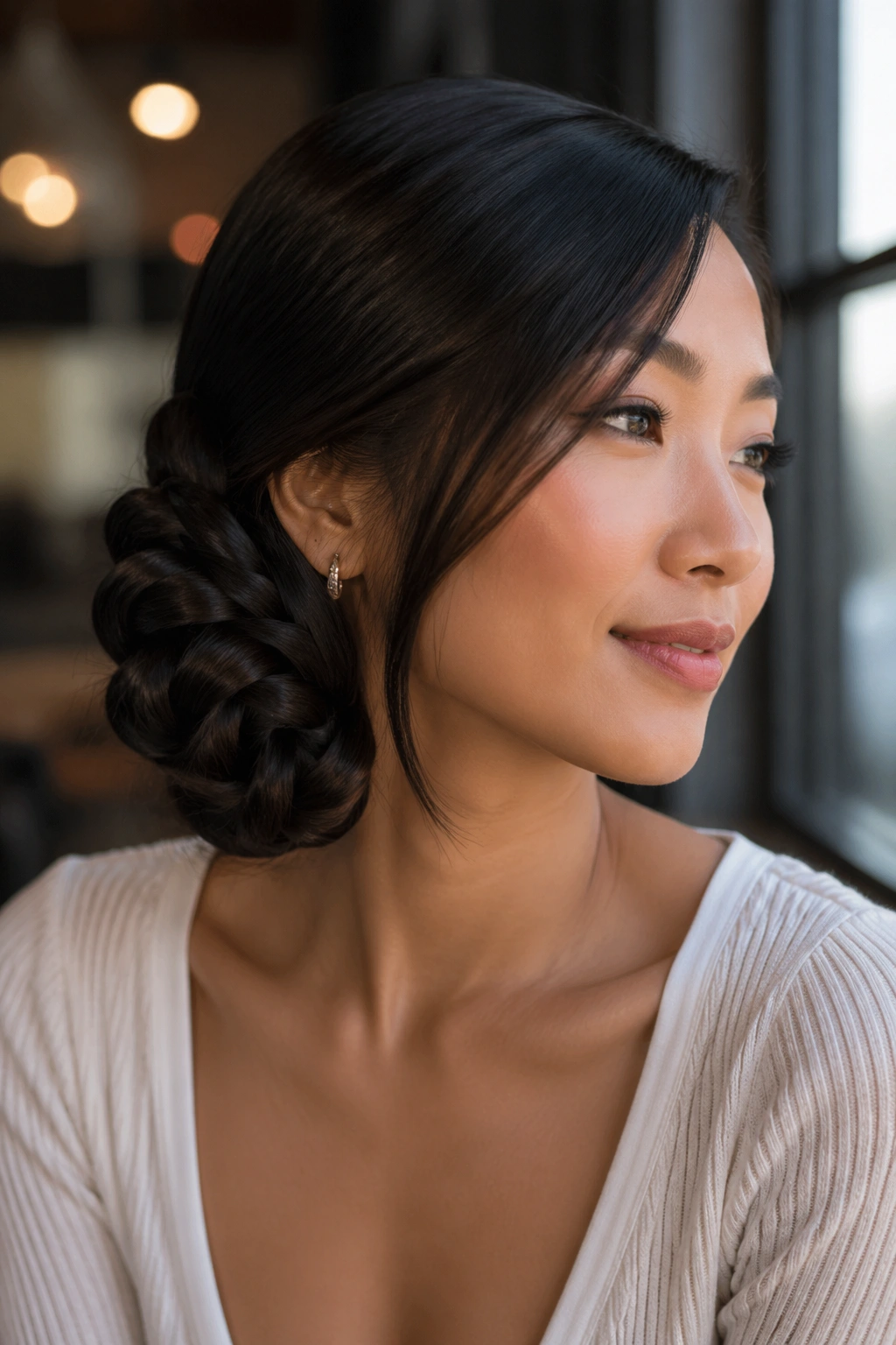 Close-up of real woman with side-swept rope braid bun by cafe window