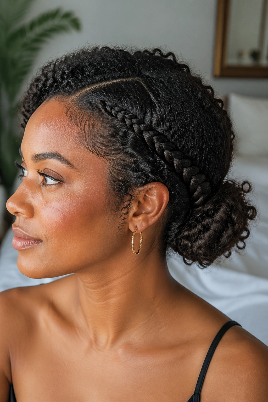 Close-up of side lace braid wrapped into a low bun on a real person with curly hair