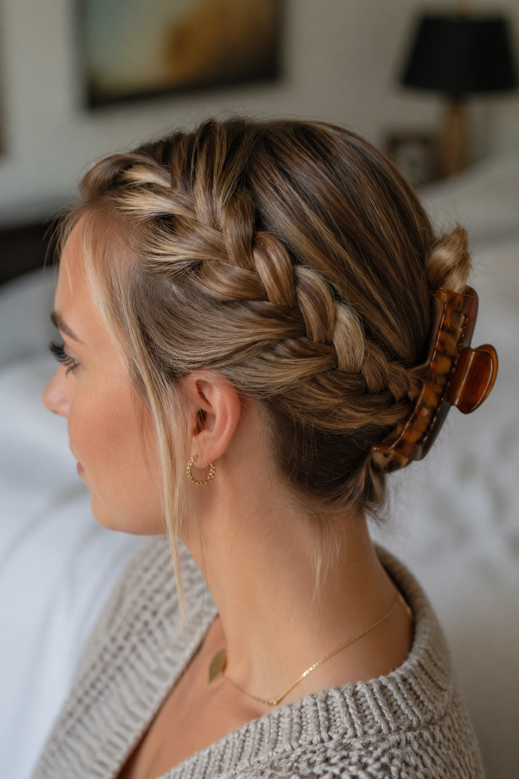 Profile view of Side Braid Into a Claw Clip with braid to nape and clip