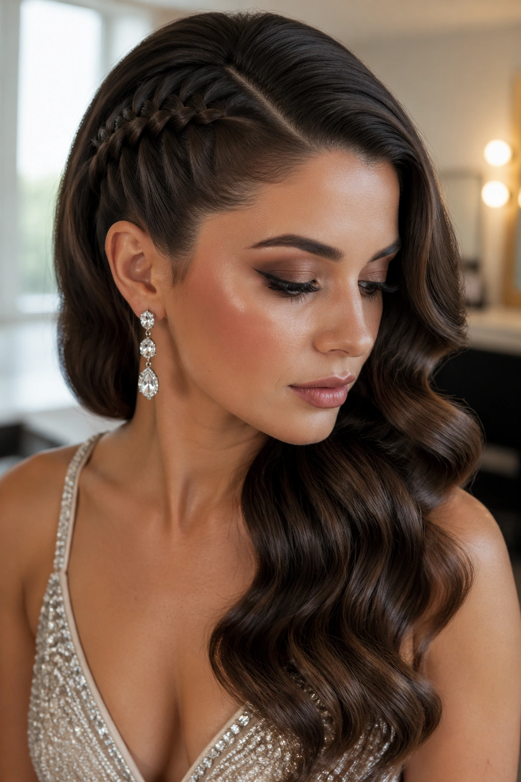 Real woman with side braid integrated into Hollywood waves in side profile