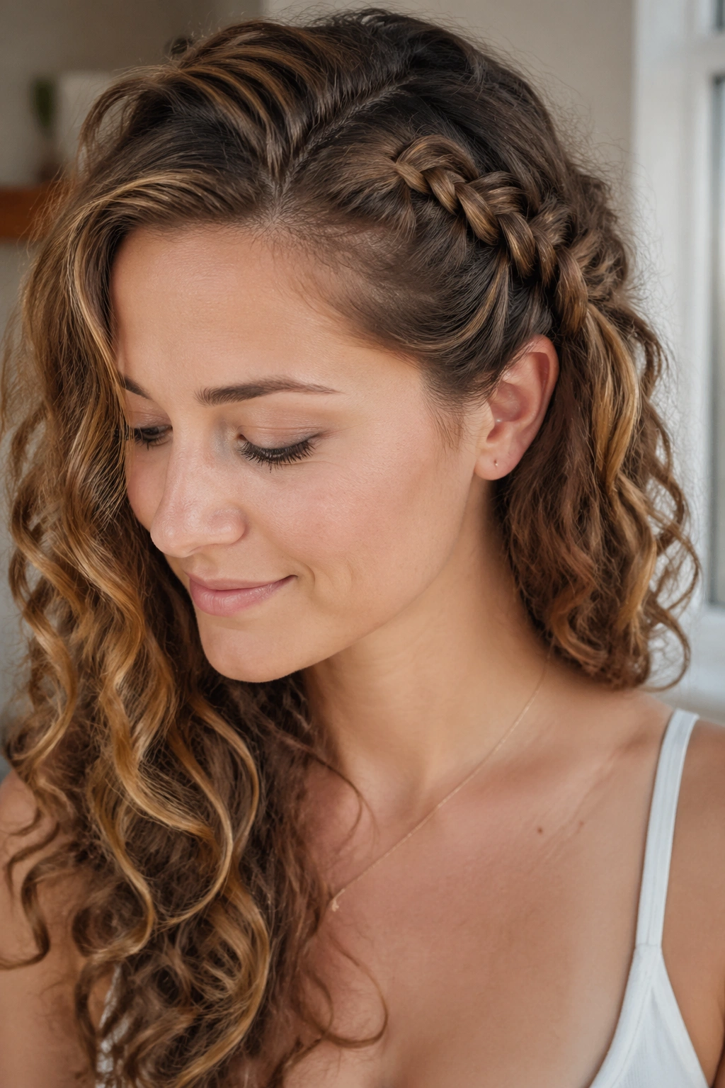 Close-up of a real woman with a side braid blending into loose curls