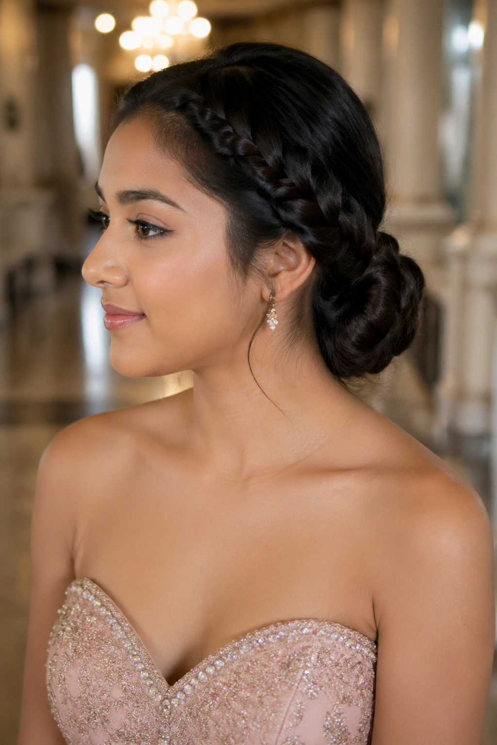 Profile view of woman with side braid into a low twist