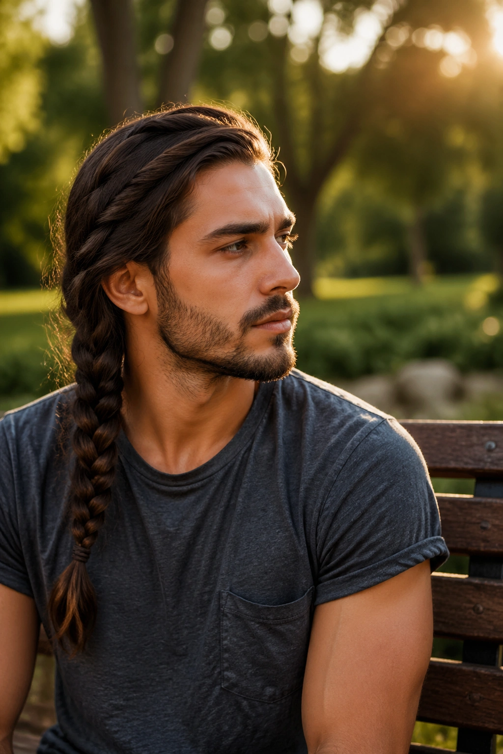 Portrait of a man with a side braid draping over one shoulder in golden hour light