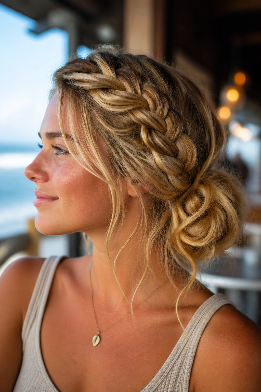 Portrait of a real person with a side mermaid braid transitioning into a messy bun by the beach