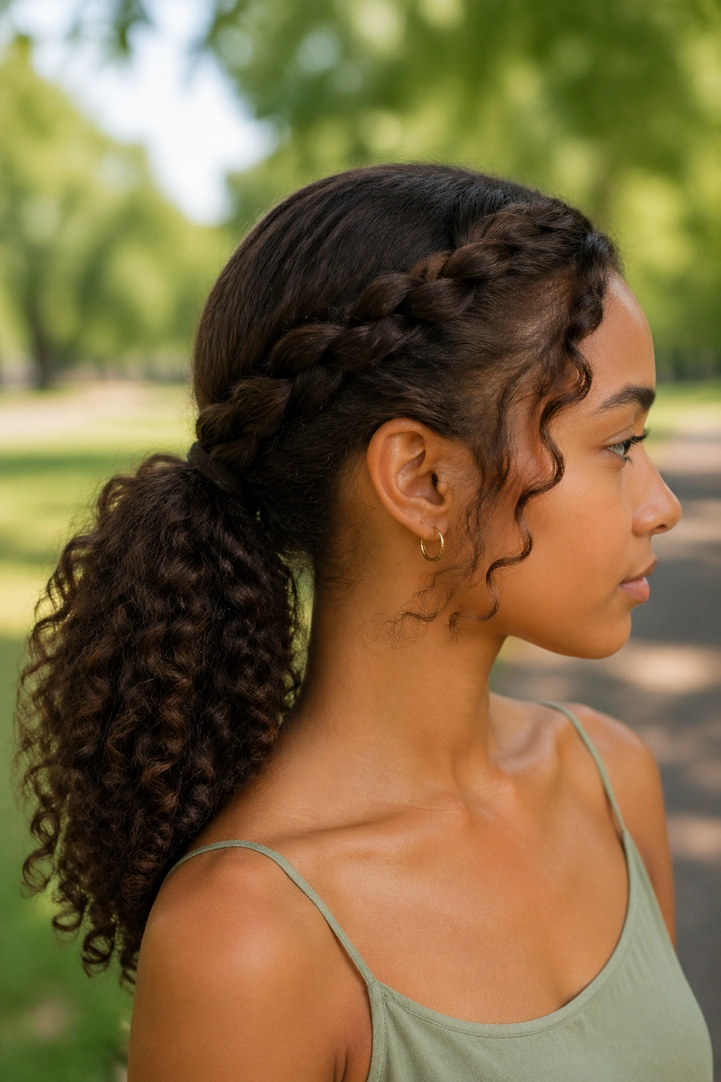 Side profile of person with side braid leading to ponytail in curls
