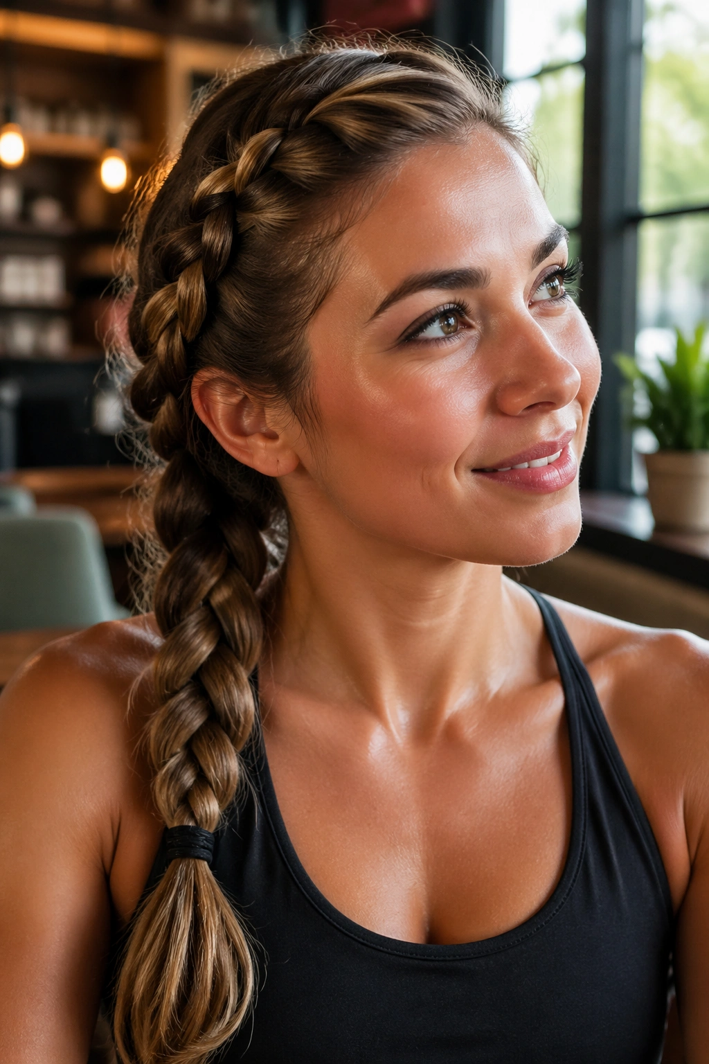 Close-up of a real woman with a side braid ponytail starting at the temple
