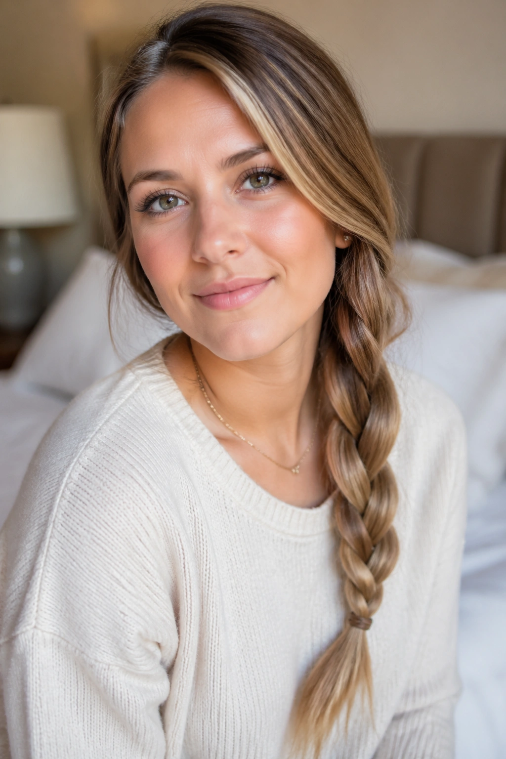 Close-up of a real woman with a five-minute side braid over the shoulder in window light