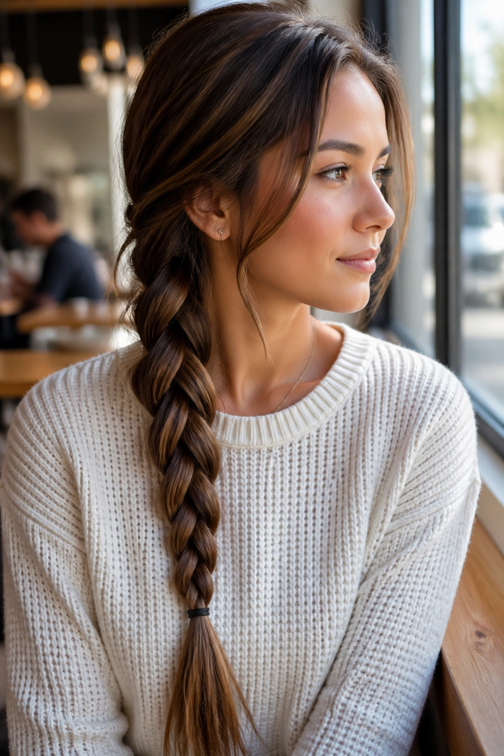 Close-up profile of a real woman with a side braid over her shoulder.