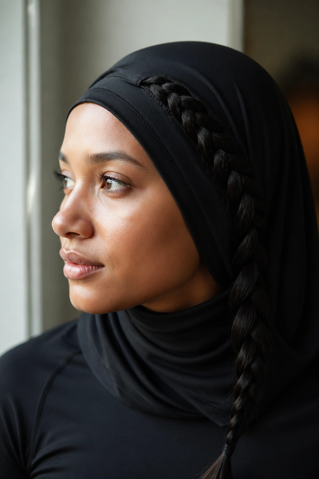 Close-up portrait of a real woman with a side braid along the temple under a sports hijab