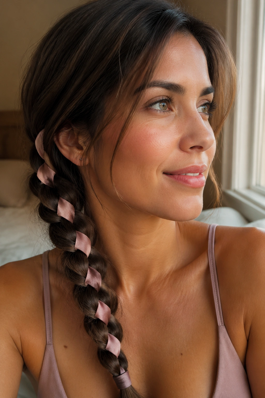 Close-up of a real woman's side braid with a flat matte ribbon along the jawline