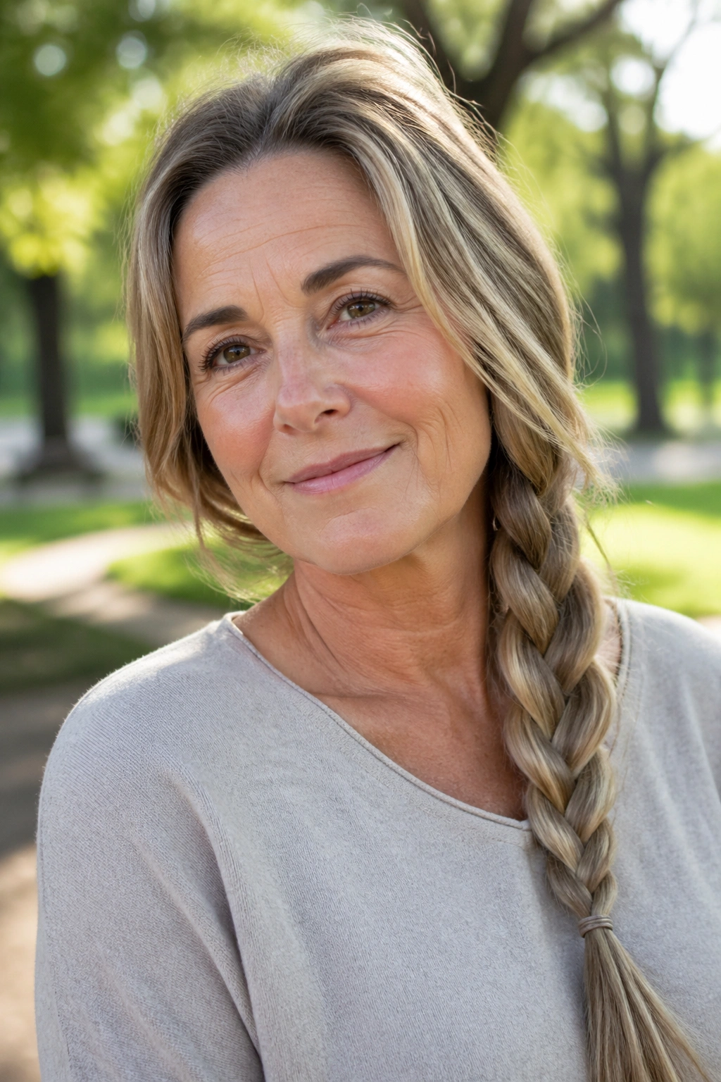 Close-up portrait of a real woman with a side braid draped over one shoulder.