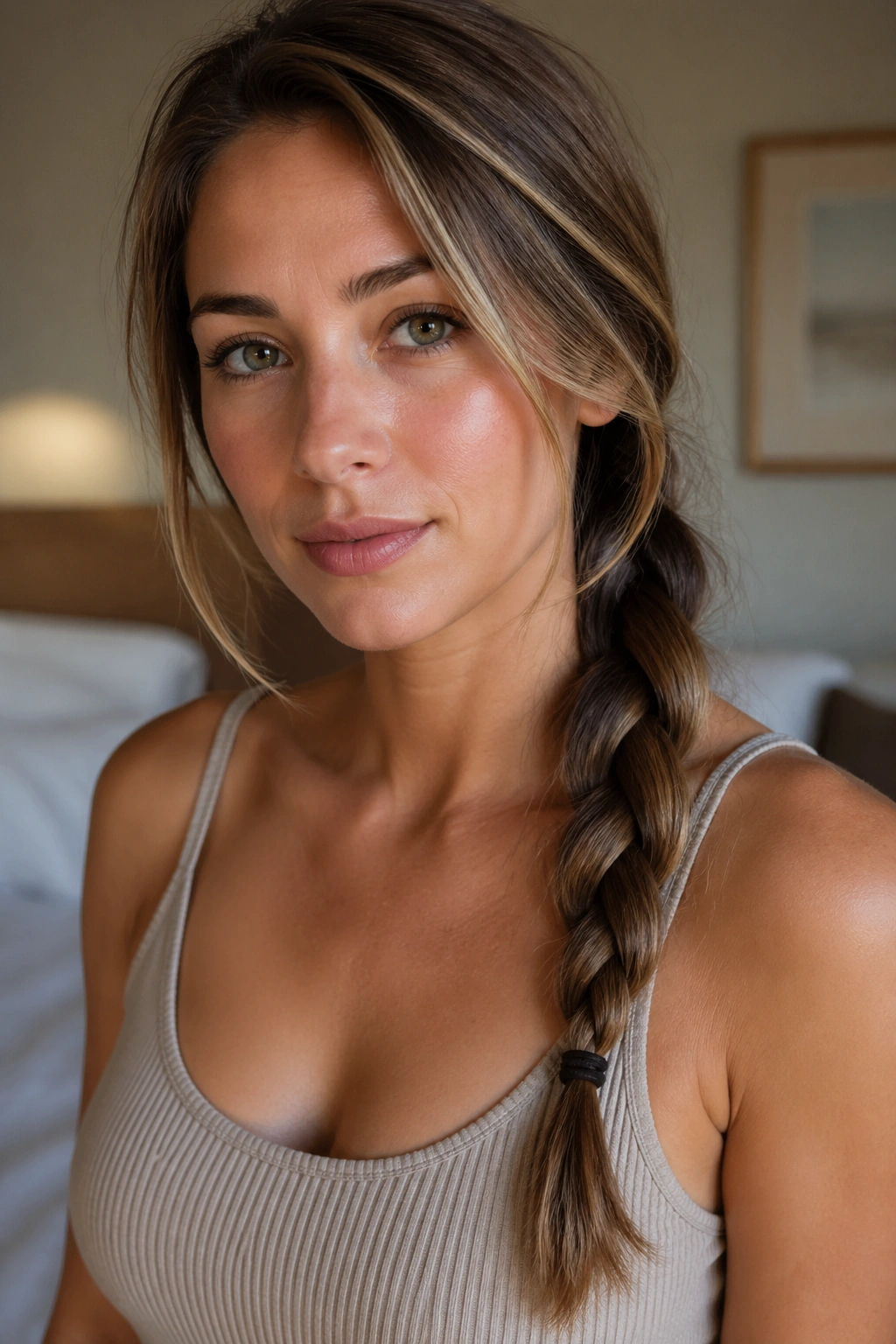 Close-up of a real woman's classic side braid on shoulder-length hair with natural window light