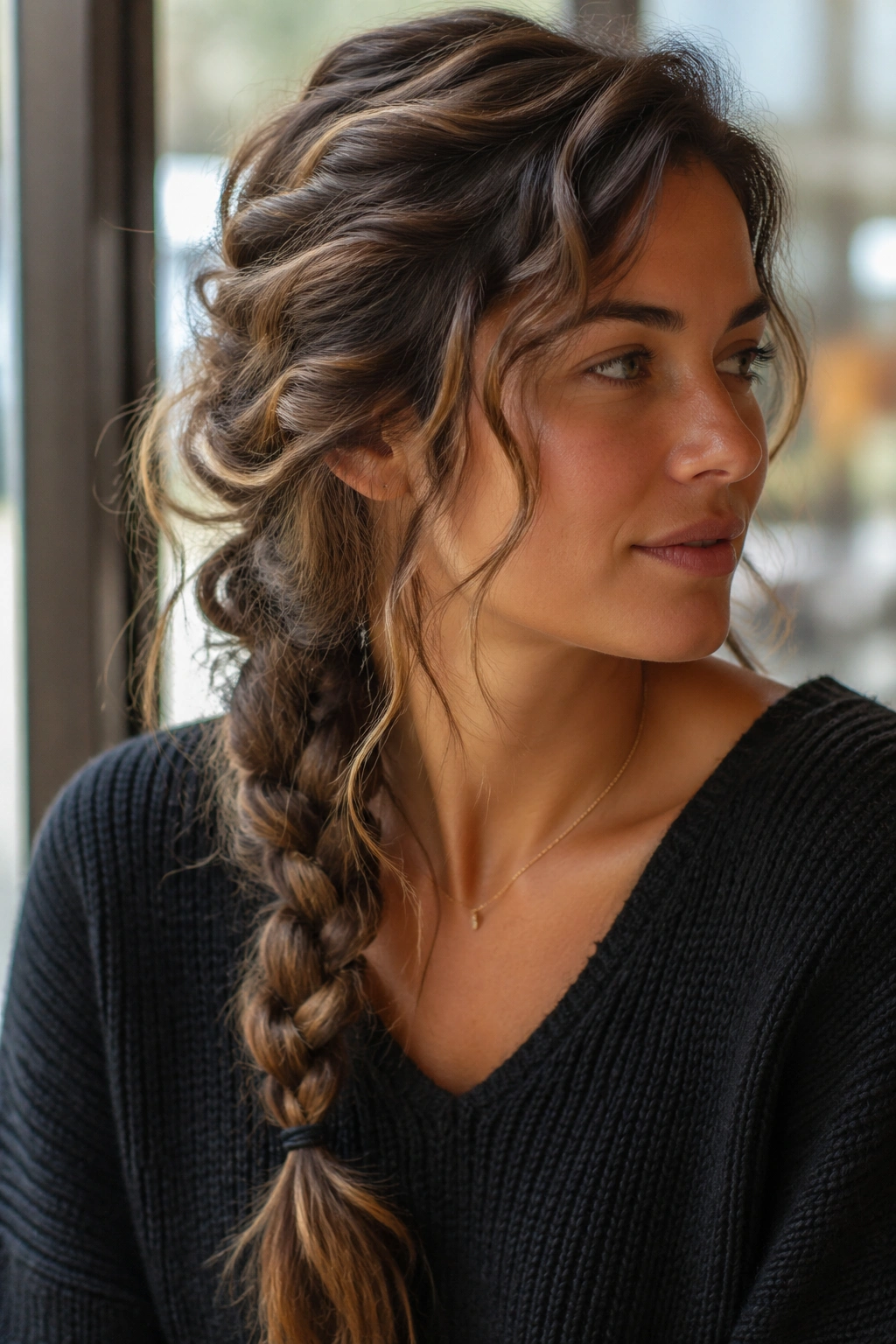 Close-up of a real woman sporting a side braid with pulled-out texture near the temple in a sunlit cafe.