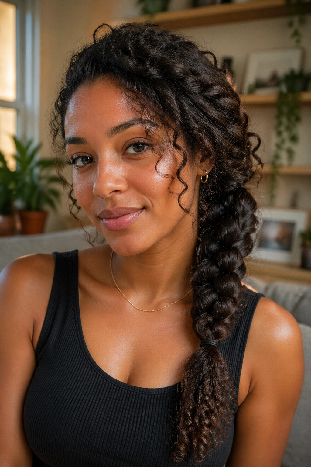 Close-up of a woman with a side braid on textured curls in a cozy living room