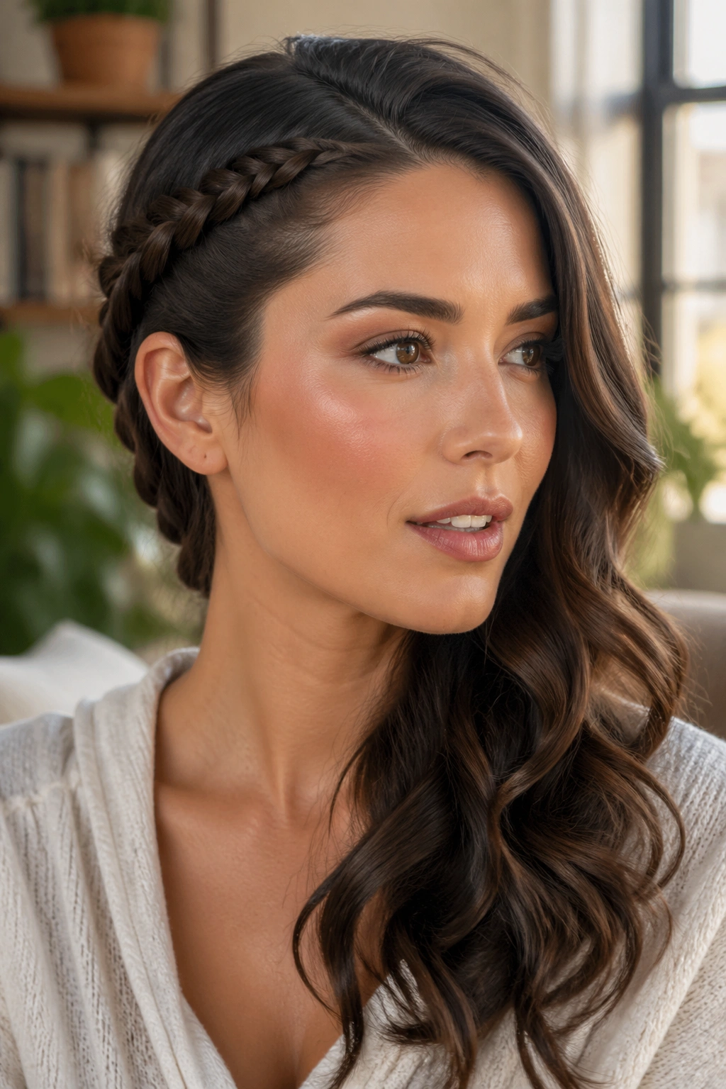 Close-up of a real woman with a side braid leading into soft waves along the jawline.