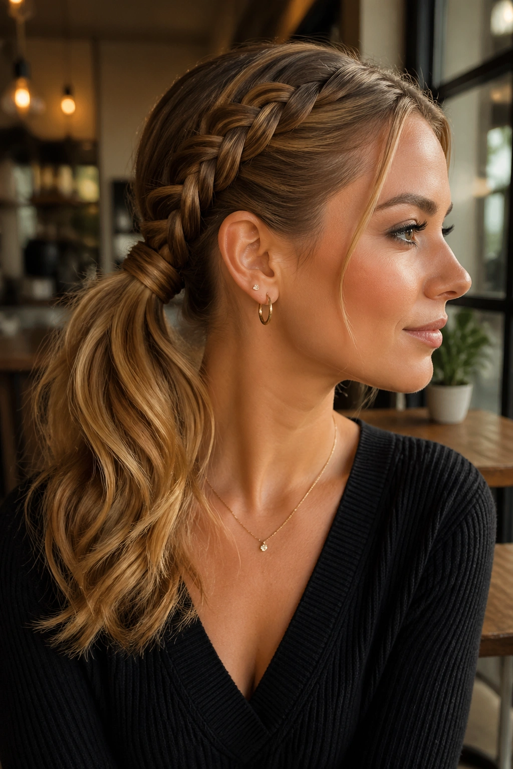 Close-up of a real woman with a side braid wrapping into a ponytail in a cafe setting