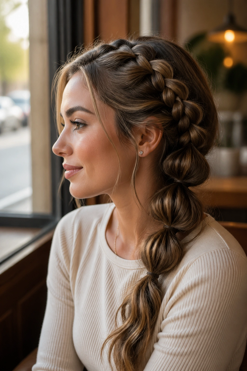 Profile view of a real woman with a side bubble braid