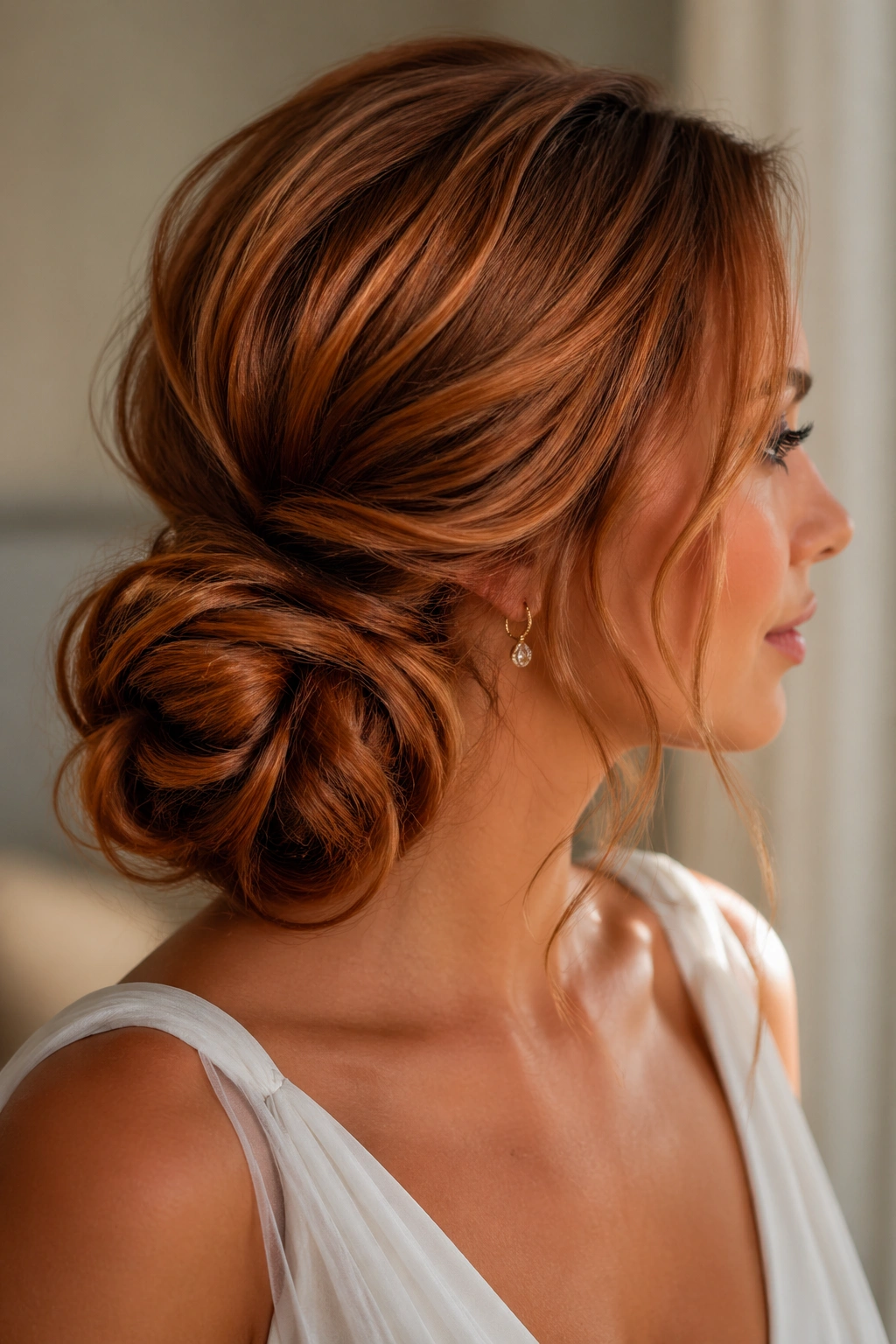 Real woman profile with side bun in cinnamon copper, close-up