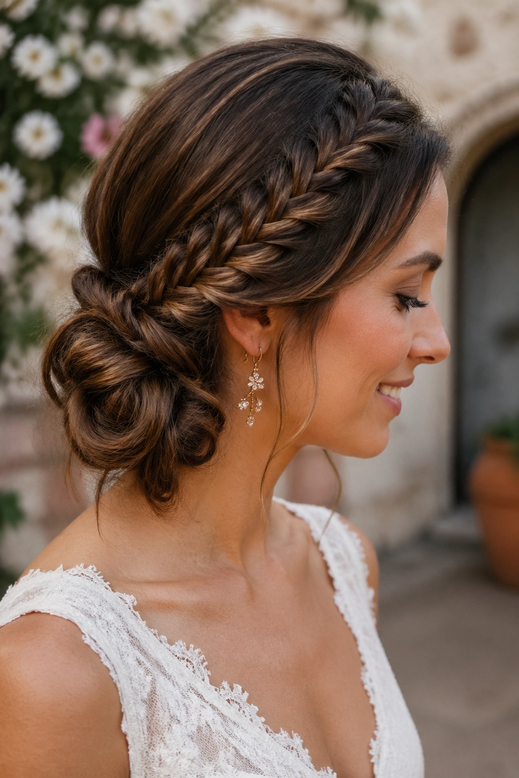 Bride with a fishtail detail leading into a side bun behind the jaw