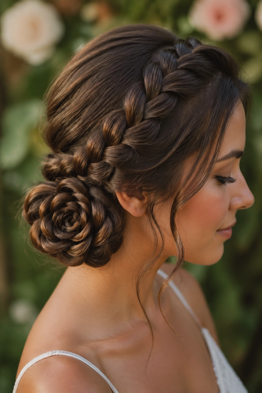Close-up of a bride with a side Dutch lace braid forming a rosette bun behind the ear in a garden setting.