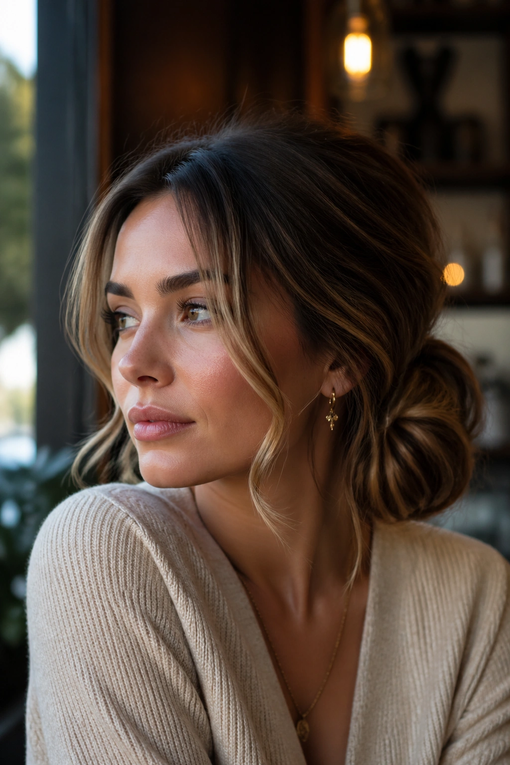 Close-up portrait of a woman with a low side bun and face-framing pieces