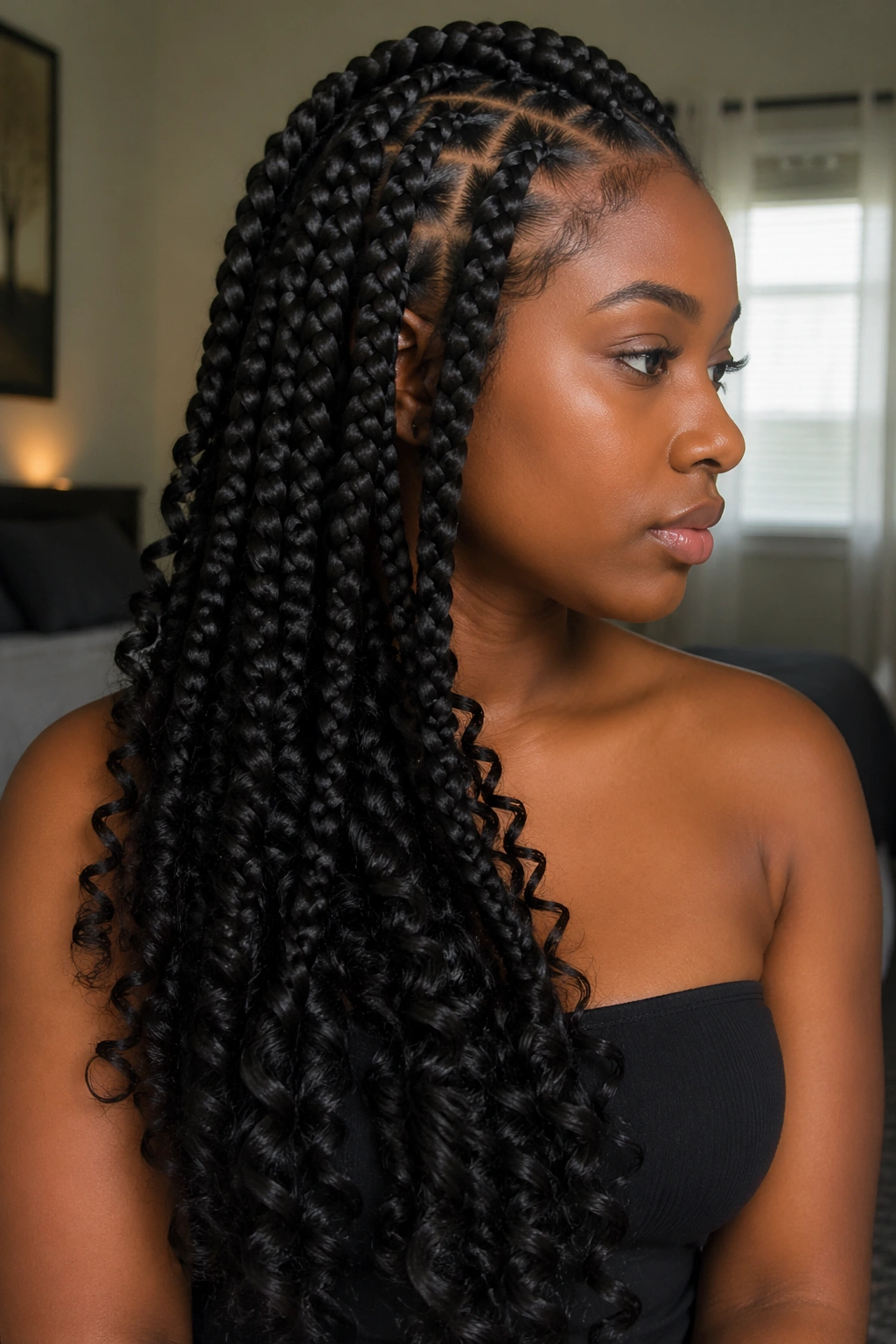 Real woman with deep side-cascade jumbo goddess braids over one shoulder in a cozy interior