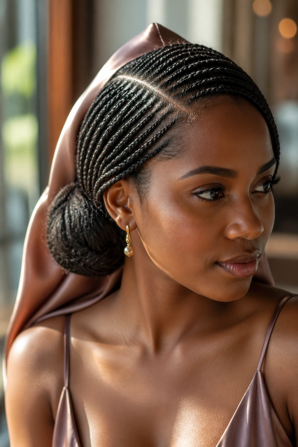Close-up portrait of a real woman with a deep side part and low chignon