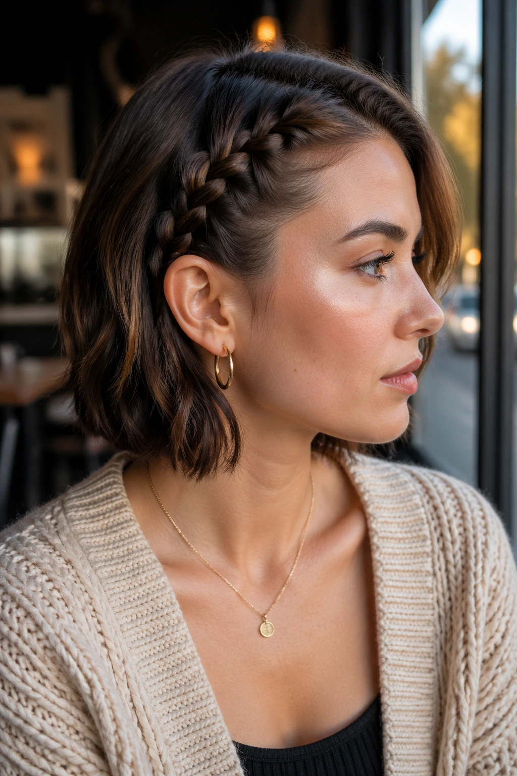Side Dutch braid tucked behind ear portrait